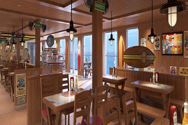 Carnival has teamed up with best-selling author, restaurateur and Food Network personality Guy Fieri to bring all the authentic appeal of a roadside burger shack to Guy's Burger Joint, the cool poolside spot for hot burgers and hand-cut fries.
Cost: Included
Open for: Lunch