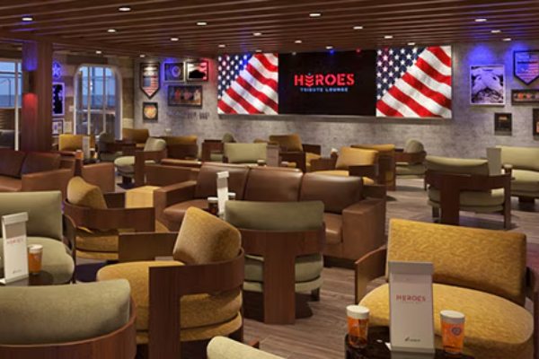 Heroes Tribute Bar & Lounge honors Armed Services personnel and their families—an inviting onboard spot where everyone can raise a glass to defenders of freedom.
Cost: $