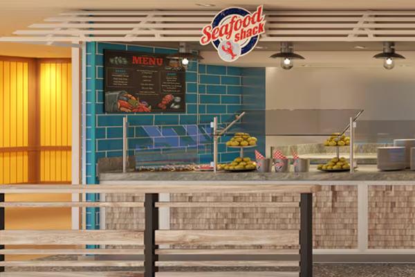 Seafood Shack on Carnival Festivale dishes New England–style rolls, bowls, and platters—think Crab Cake Sliders, Lobster BLT, Buffalo Shrimp, and Snow Crab—served with panoramic ocean views.
Cost: $