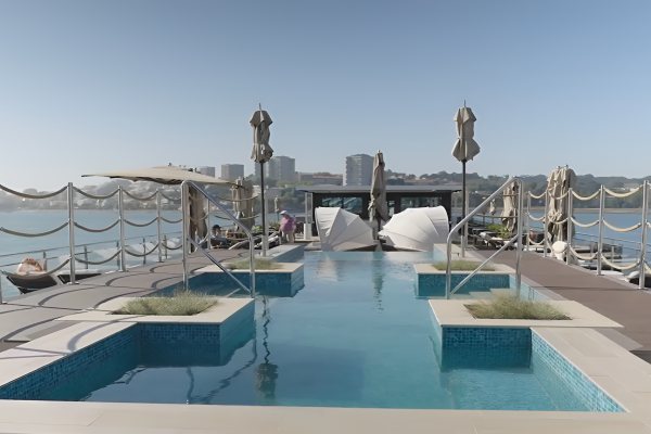 Al fresco dining on the Sun Deck and a small swimming pool provide opportunities for relaxation and conversation while basking in the sun.