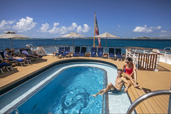 Located on Deck 3 with direct access to the Marina and water slide, enjoy the pool and adjacent hot tub. Fresh towels, refreshing drinks and cocktails served by SeaDream’s award-winning crew will ensure you will enjoy your time spent lounging in this open space amid sea views. If you prefer, more private couples hot tubs with spectacular views, located above the Bridge on Deck 6, provide the perfect space to relax and unwind. 
