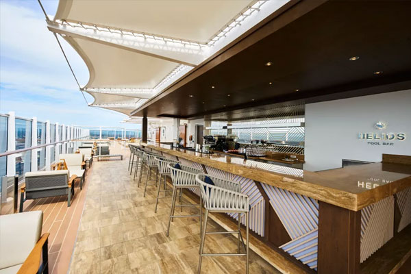 It is an adults-only area and the sunniest spot onboard. Guests can enjoy lying by the pool or lounging throughout the day as they watch the ship sail through the sea.